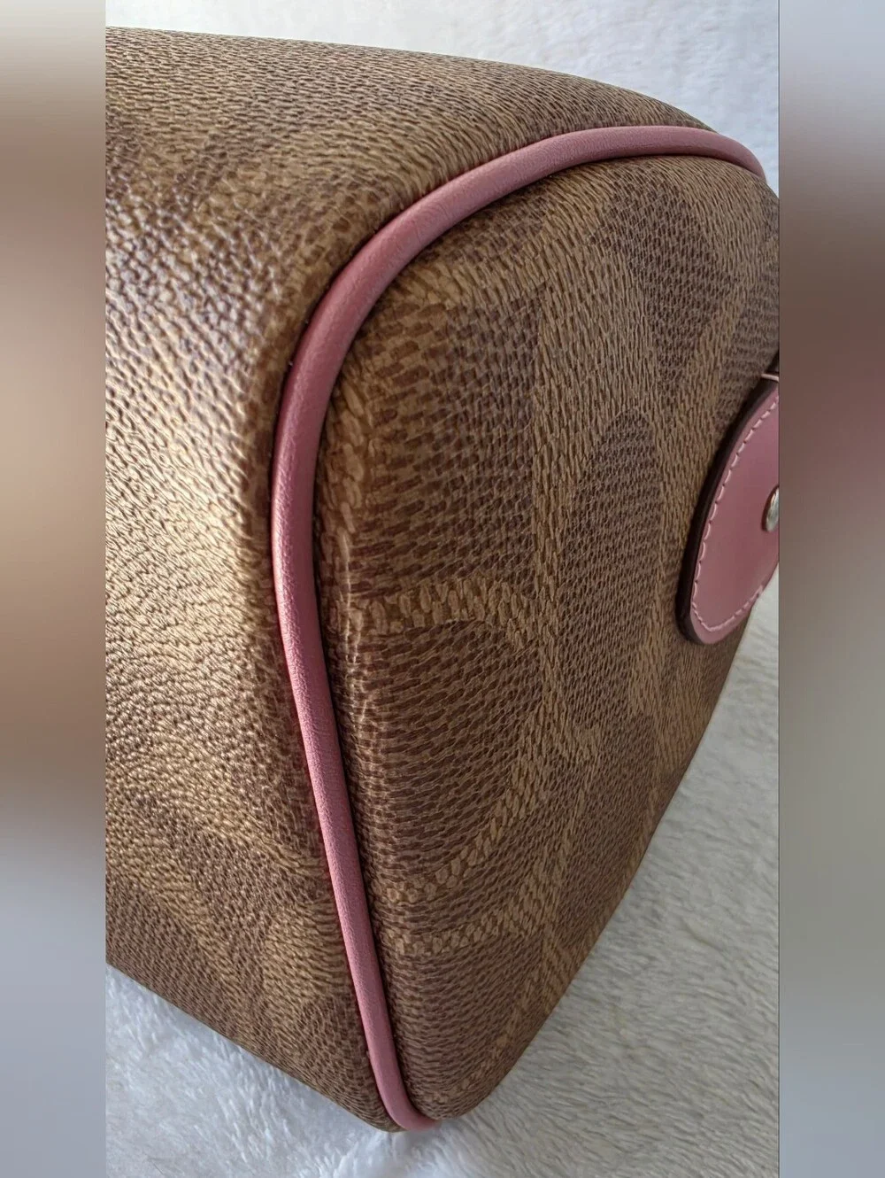 COACH Brown Signature Canvas Satchel with Pink Trim